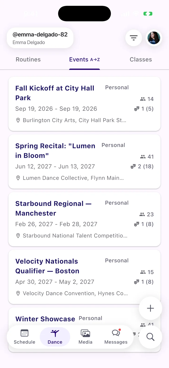 Competitions and performances listed in the Tendu app