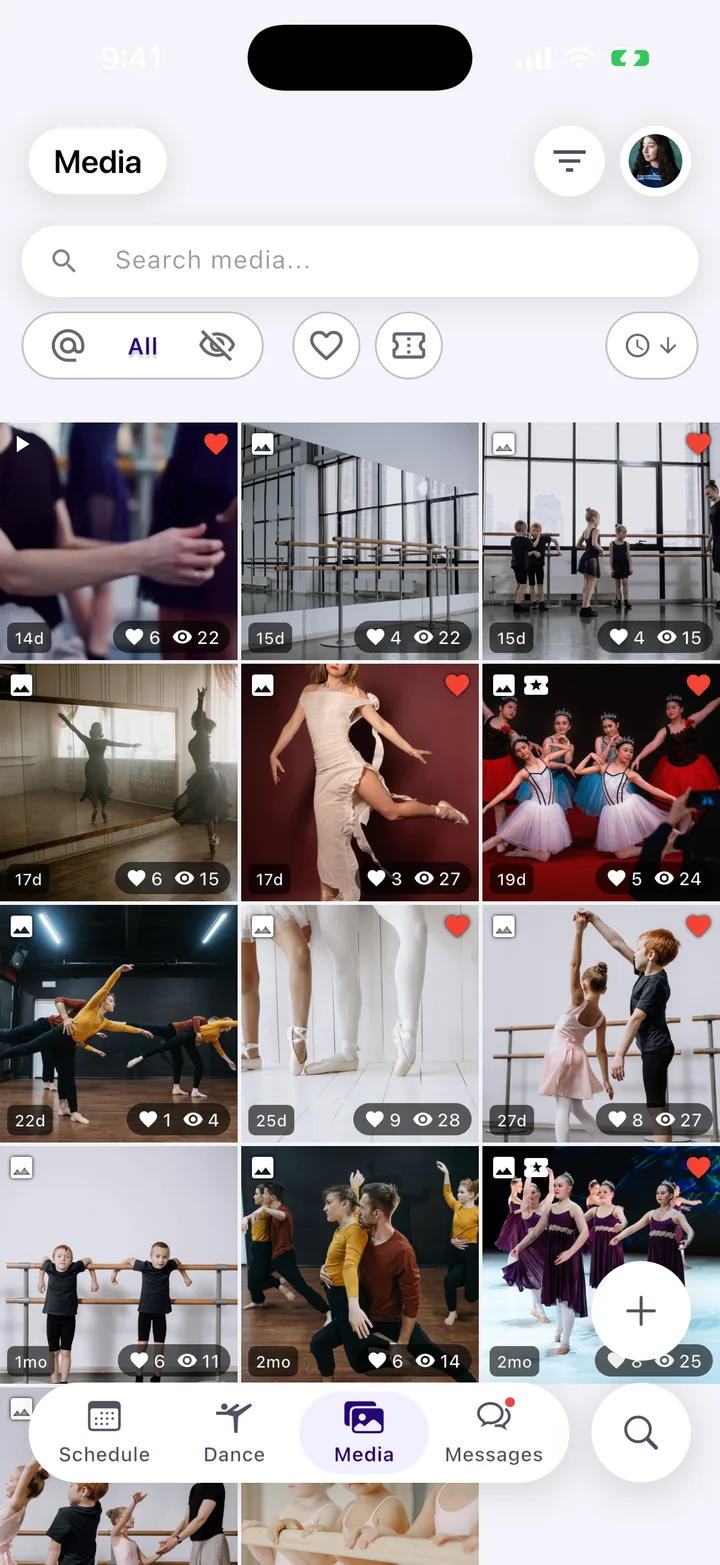 The studio media library in the Tendu app, with class and performance photos and video