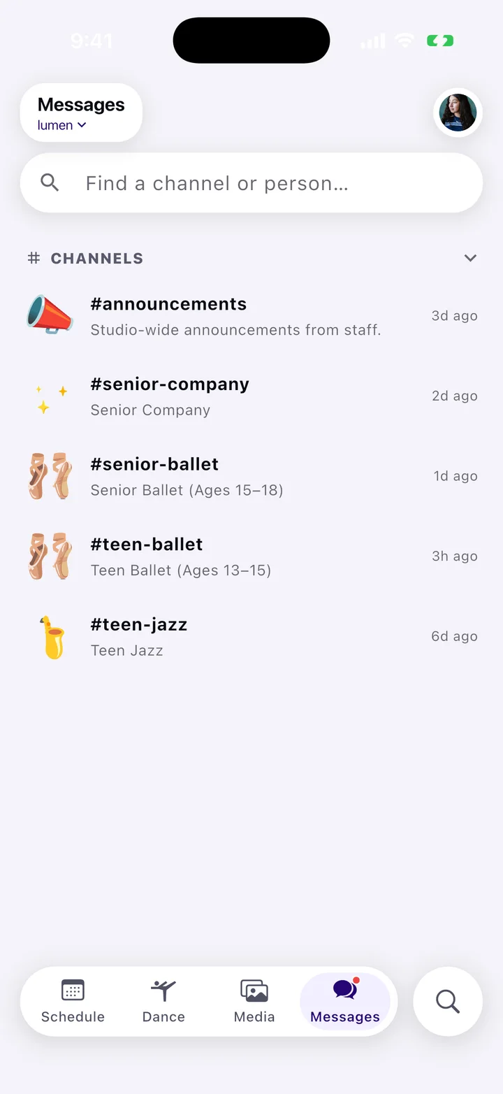 A dancer's channels in the Tendu app: announcements, senior company, senior ballet, teen ballet and teen jazz
