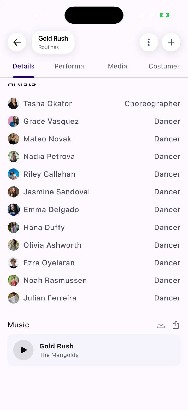 A routine in the Tendu app with its cast, choreographer and music