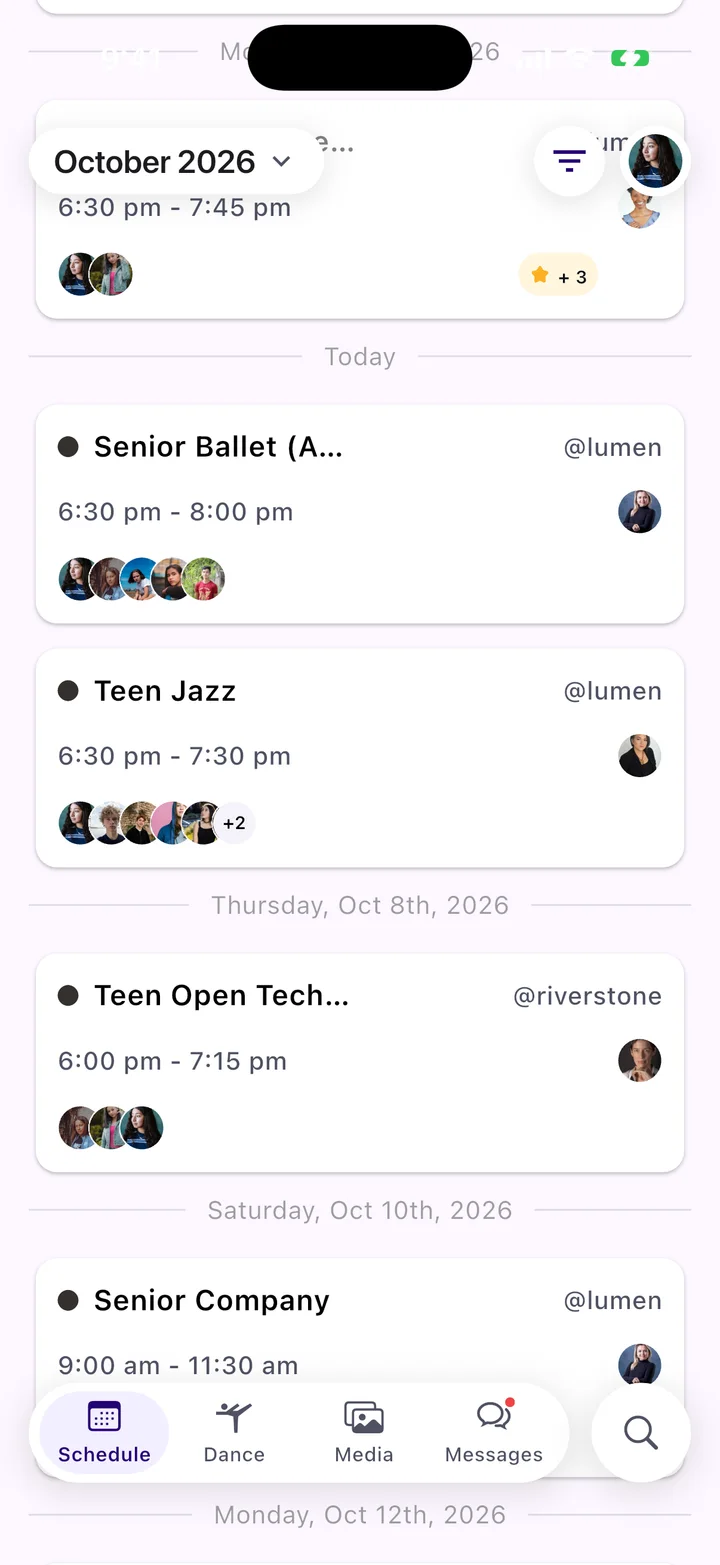 A dancer's upcoming classes and rehearsals across two studios