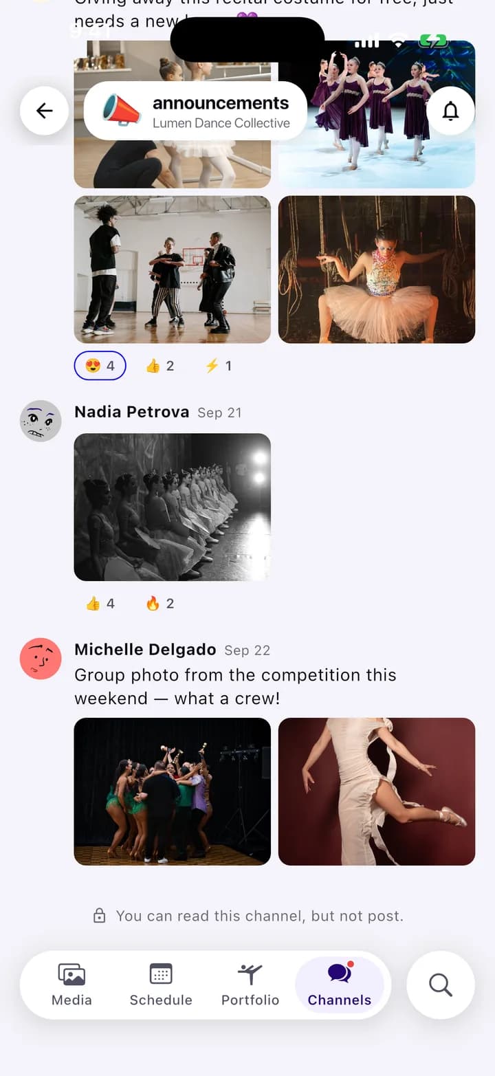 Studio announcements channel with photos and reactions