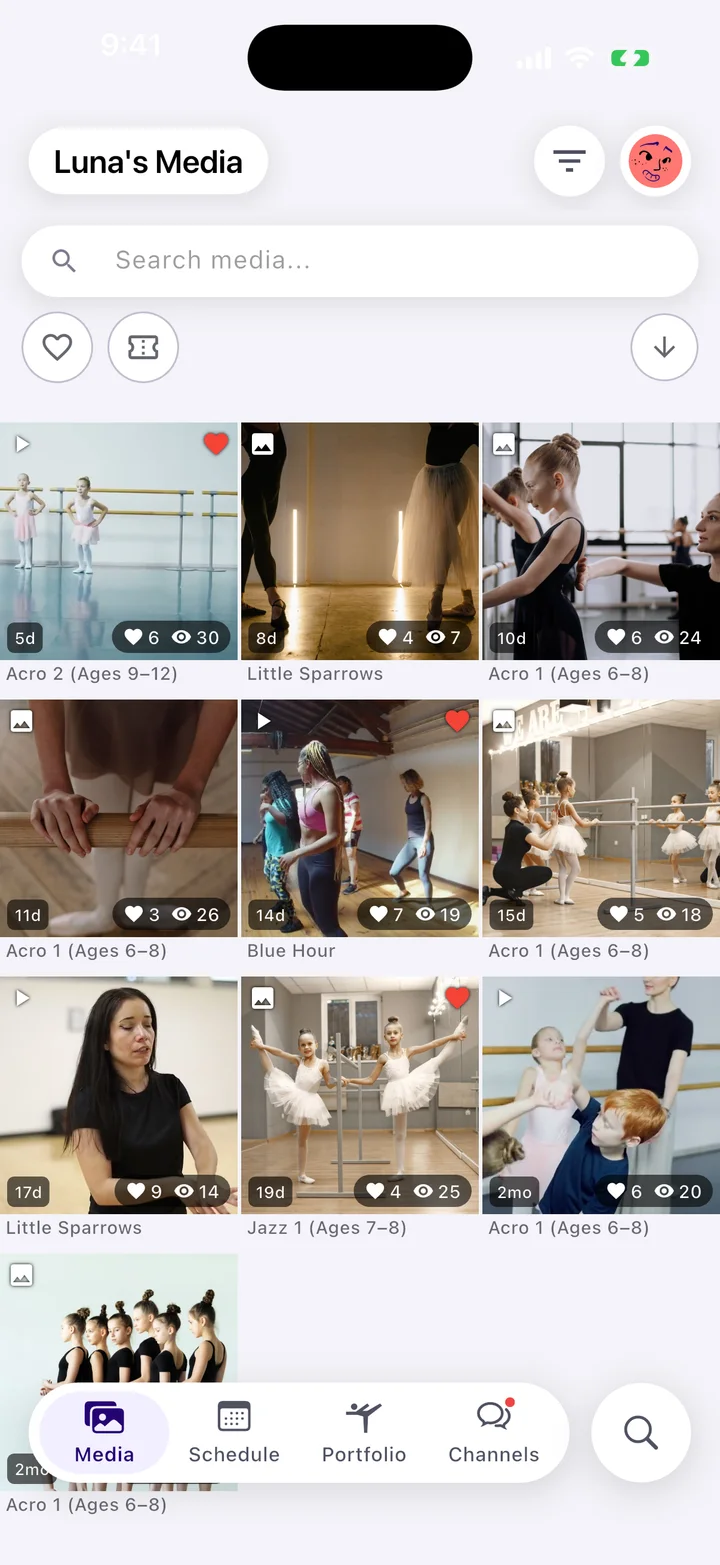 The Tendu Parent app showing a dancer's videos and photos