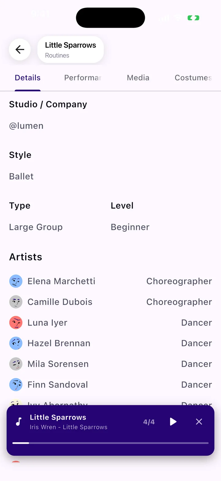 Routine details in the app with the cast list and the routine's song playing