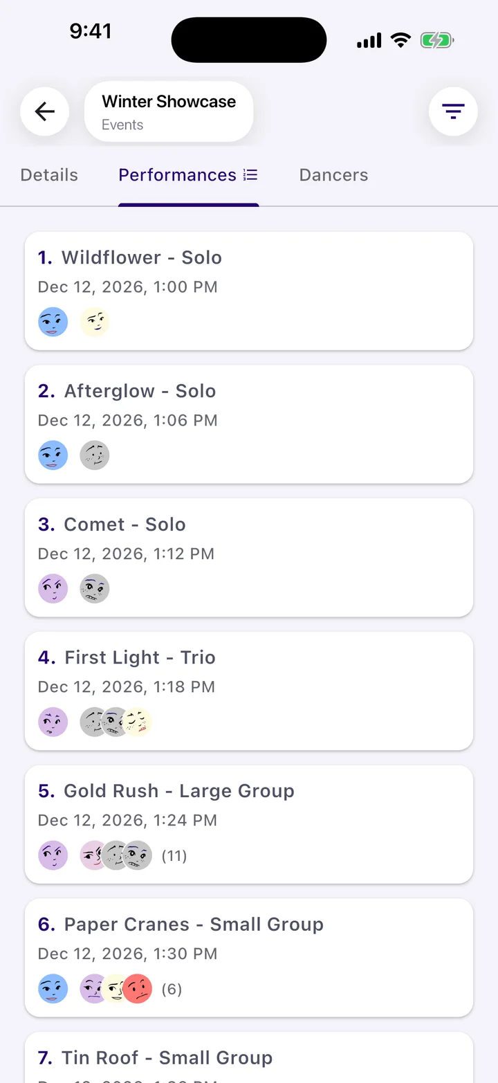 Show order for a winter showcase listing each performance and time