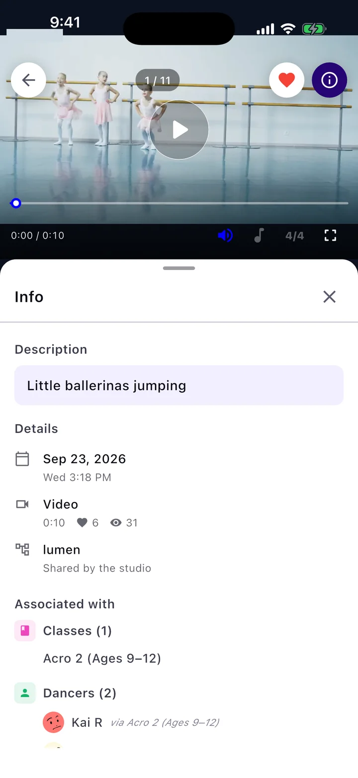 A class video with details of the class and dancers it is tagged to