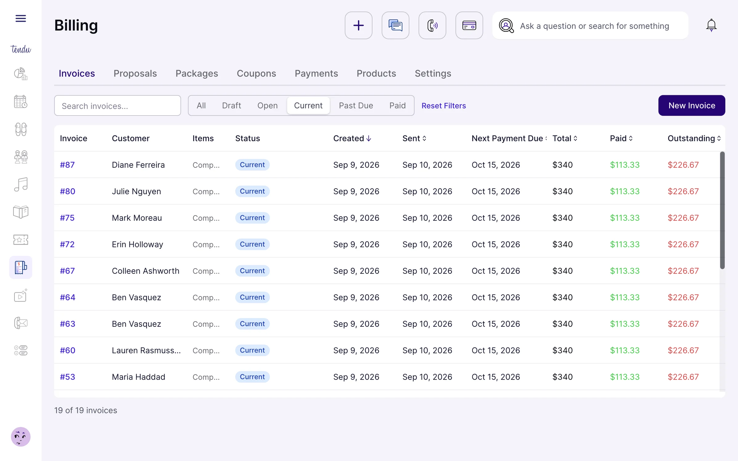 Billing screen listing costume invoices on payment plans with paid and outstanding amounts