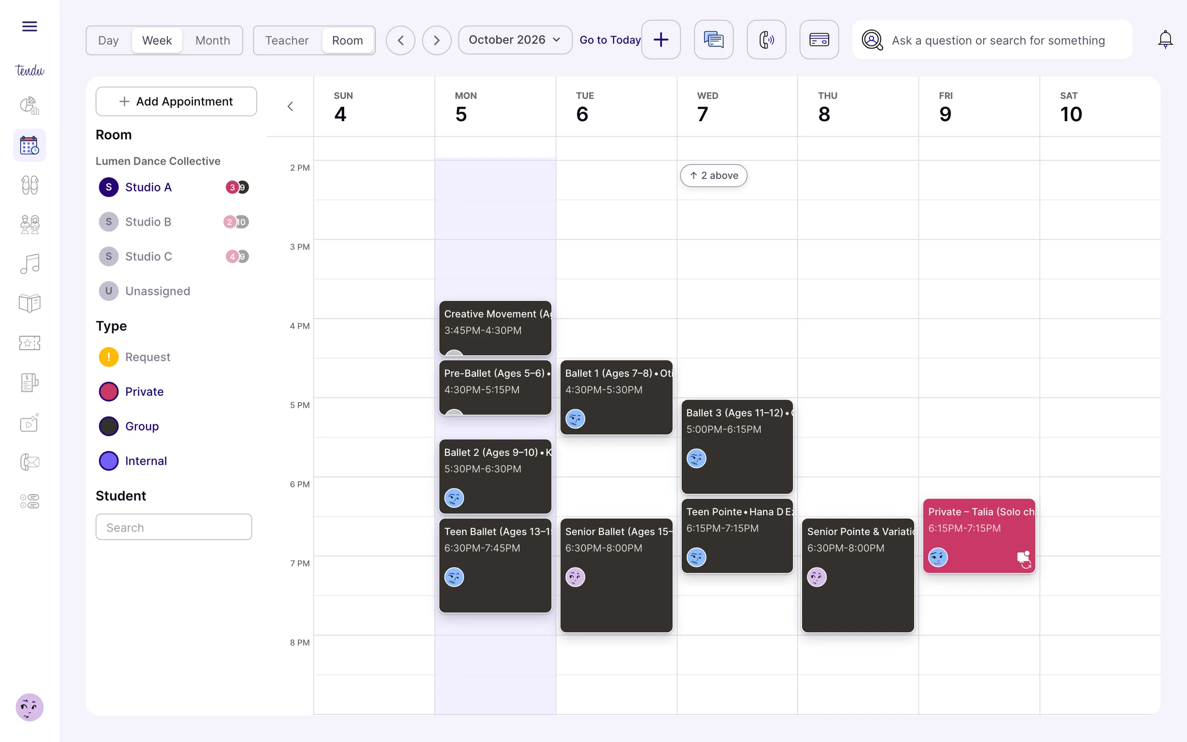 A week of classes and private lessons by room in the Tendu scheduler