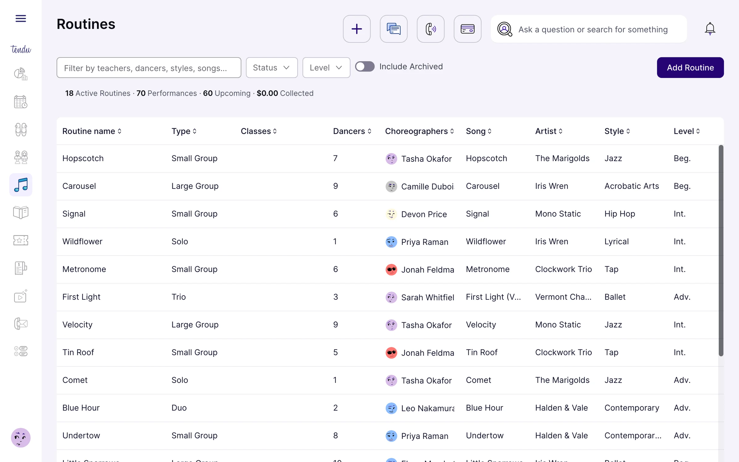 The demo studio's routines list with choreographers, songs, styles and levels